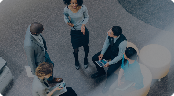 Overhead view of business people in a meeting